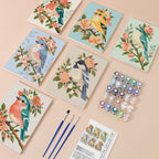 Blossom Birds mini paint by numbers kit with six numbered canvases, acrylic paints, brushes and layout