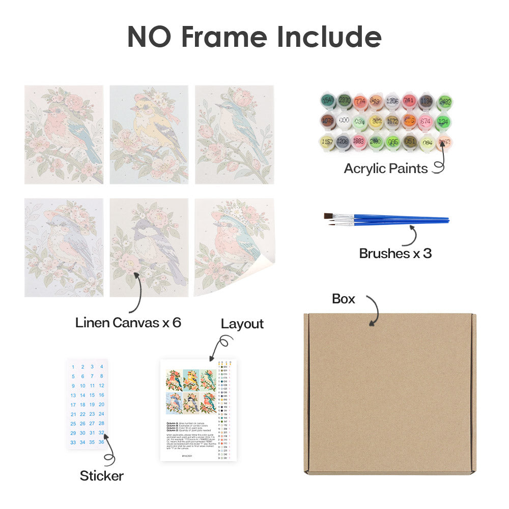 What's included without a frame: six rolled Blossom Birds mini canvases, acrylic paints, three brushes and layout