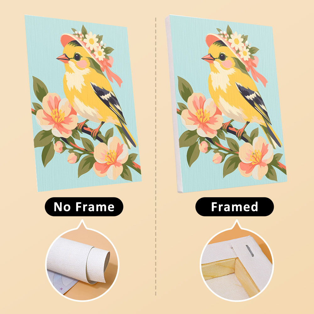 Blossom Birds mini canvas shown rolled without a frame and pre-stretched on a frame