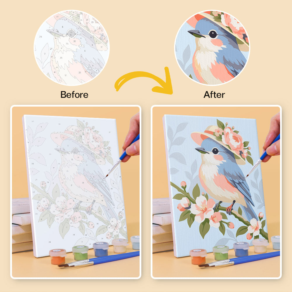 Before and after of a Blossom Birds mini paint by numbers canvas