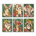 Blossom Critters mini paint by numbers set: six baby animals wearing flower crowns, including a bunny, owl, elephant, hedgehog, deer and raccoon