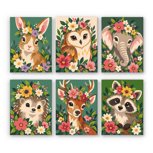 Blossom Critters mini paint by numbers set: six baby animals wearing flower crowns, including a bunny, owl, elephant, hedgehog, deer and raccoon