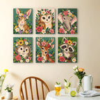 Blossom Critters mini paintings displayed as a gallery wall in a sunny kitchen