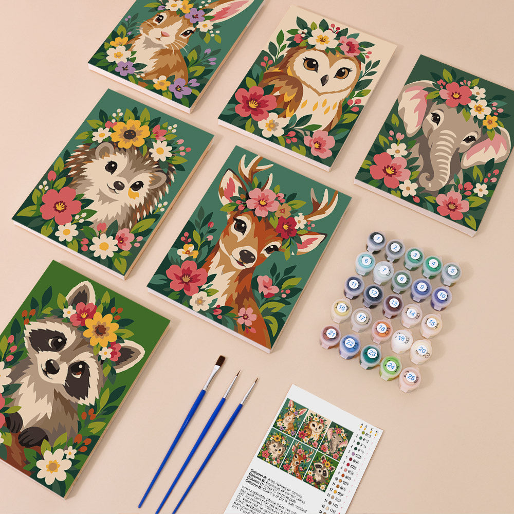 Blossom Critters mini paint by numbers kit with six numbered canvases, acrylic paints, brushes and layout