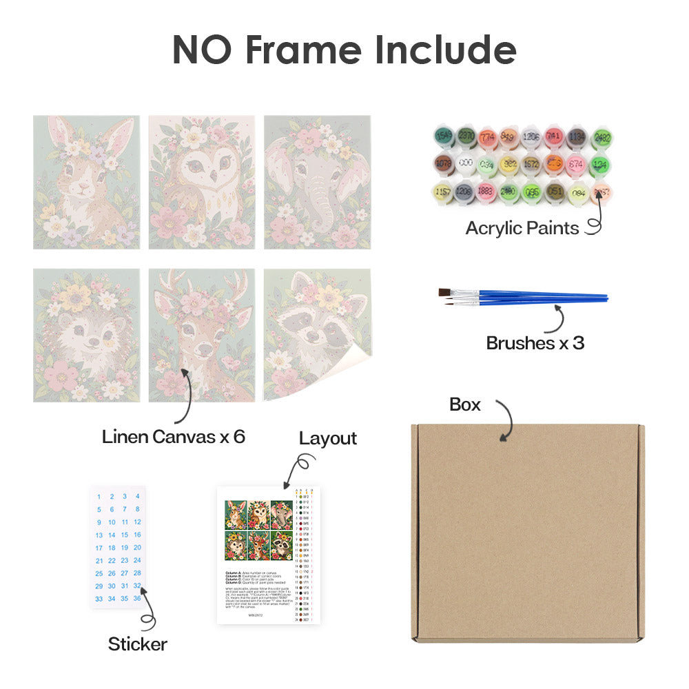 What's included without a frame: six rolled Blossom Critters mini canvases, acrylic paints, three brushes and layout