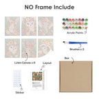 What's included without a frame: six rolled Blossom Critters mini canvases, acrylic paints, three brushes and layout