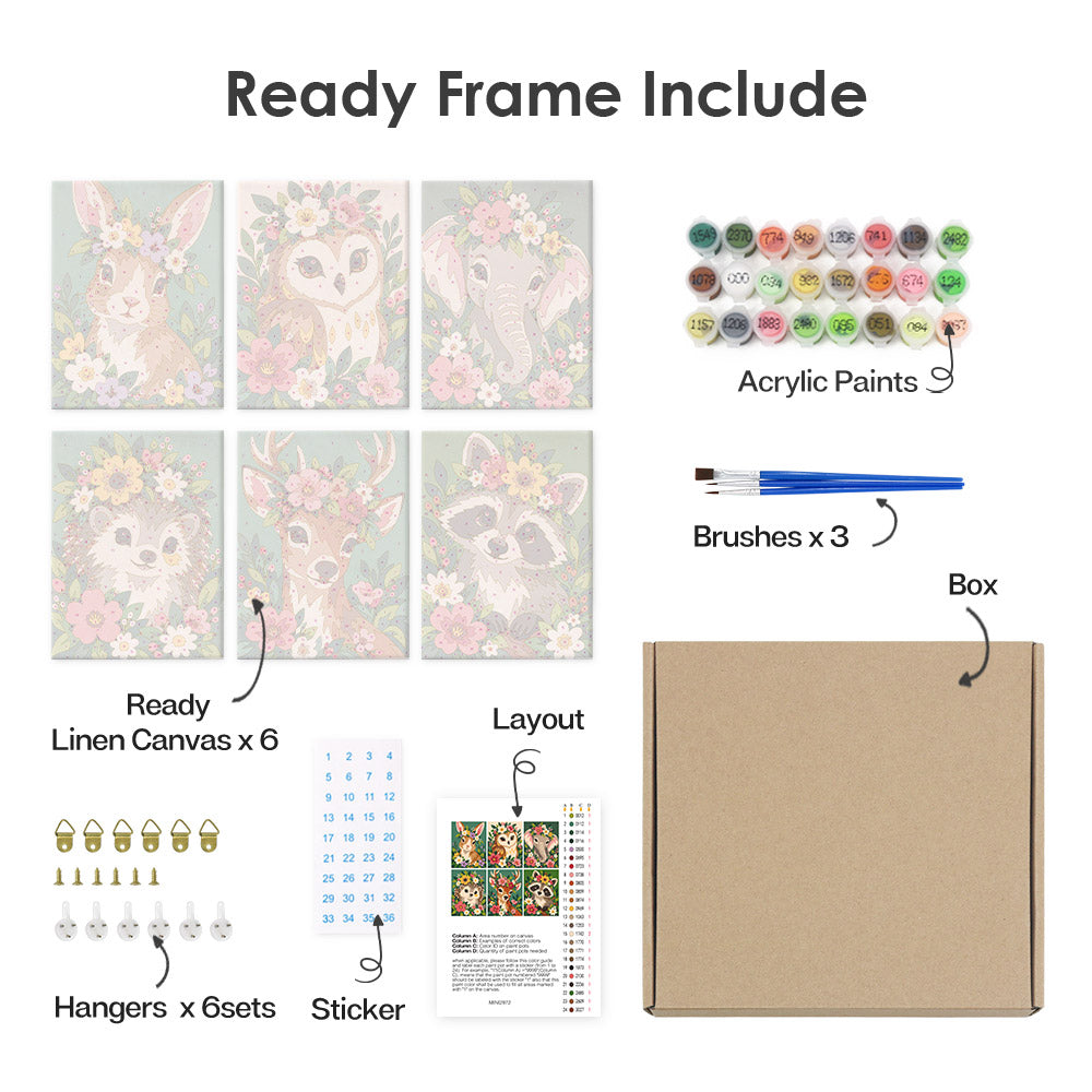 What's included pre-stretched on frame: six framed Blossom Critters mini canvases, paints, three brushes, hangers and layout