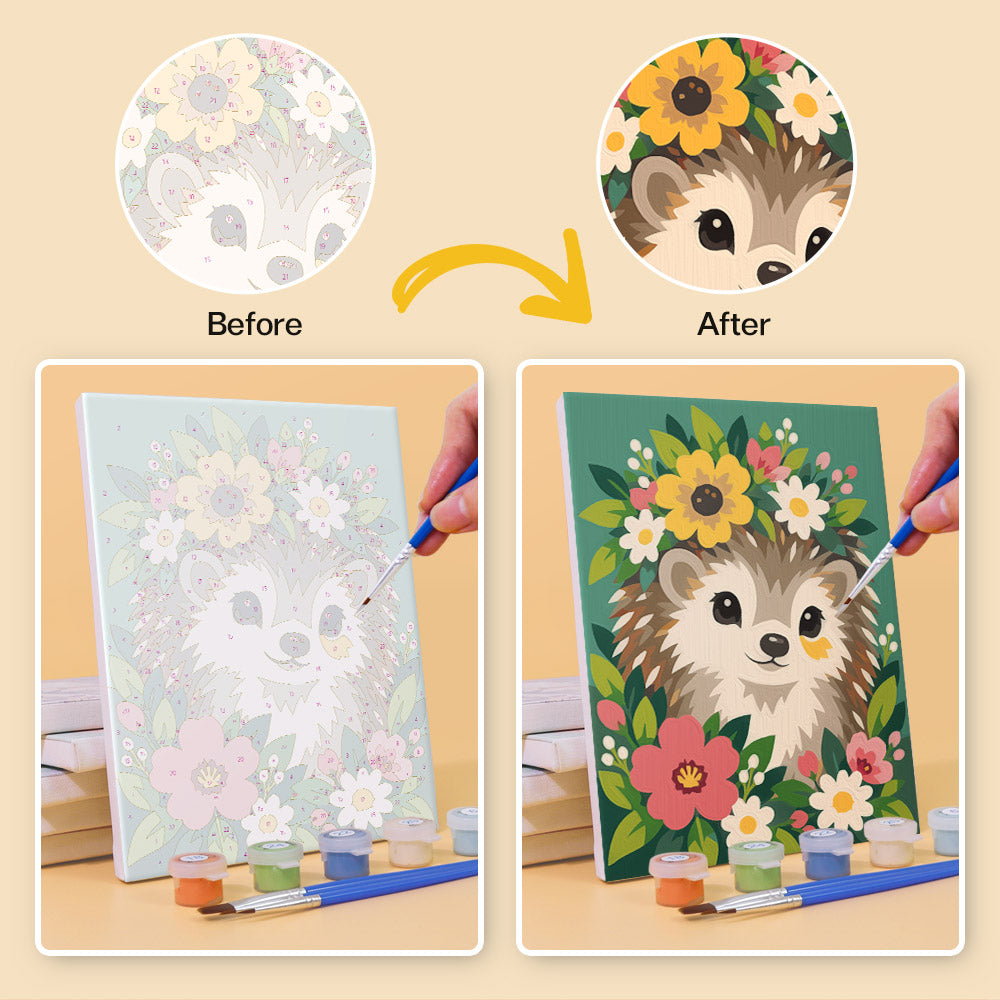 Before and after of a Blossom Critters mini paint by numbers canvas