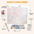 What's included in the Blossom Horizon paint by numbers kit: numbered linen canvas, reference sheet, color guide, 24 acrylic paints, 3 brushes and thank you card