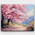 Blossom Horizon paint by numbers kit of a winding path under pink cherry blossom trees in sunlight