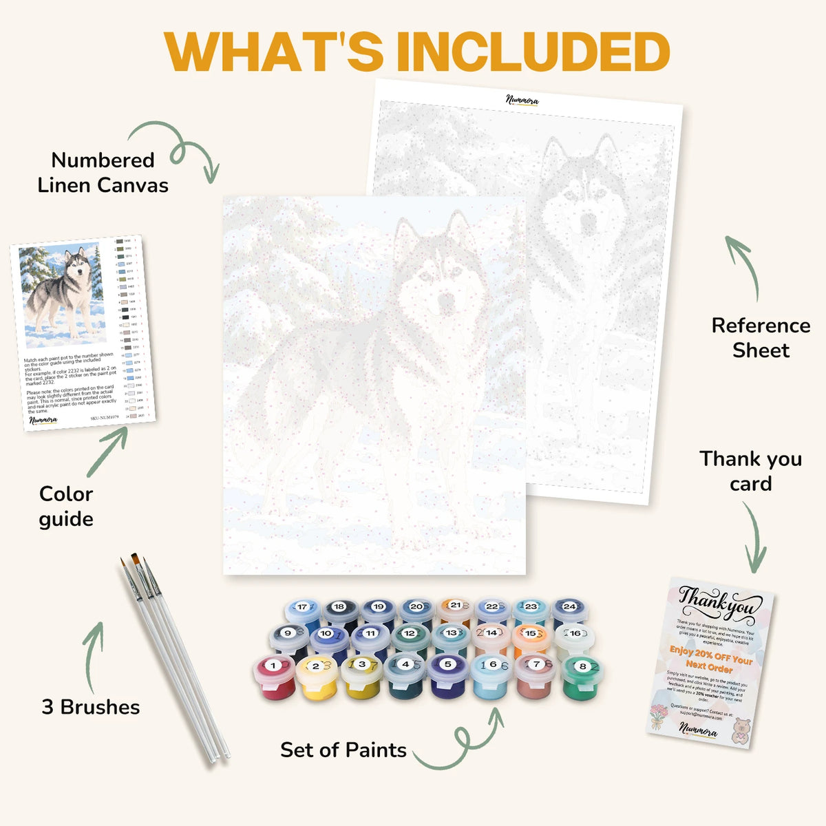 What's included in the Blue-Eyed Husky paint by numbers kit: numbered linen canvas, reference sheet, color guide, 24 acrylic paints, 3 brushes and thank you card