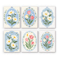 Blue Folk Florals mini paint by numbers set: six designs of daisies and tulips inside ornate blue folk frames