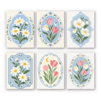 Blue Folk Florals mini paint by numbers set: six designs of daisies and tulips inside ornate blue folk frames