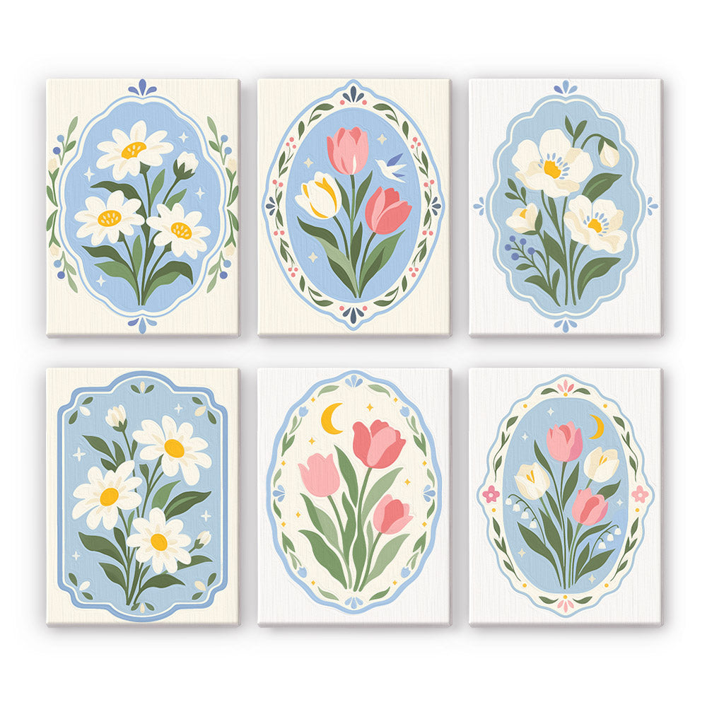 Blue Folk Florals mini paint by numbers set: six designs of daisies and tulips inside ornate blue folk frames