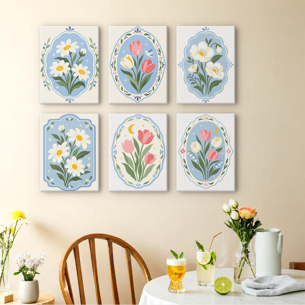 Blue Folk Florals mini paintings displayed as a gallery wall in a sunny kitchen