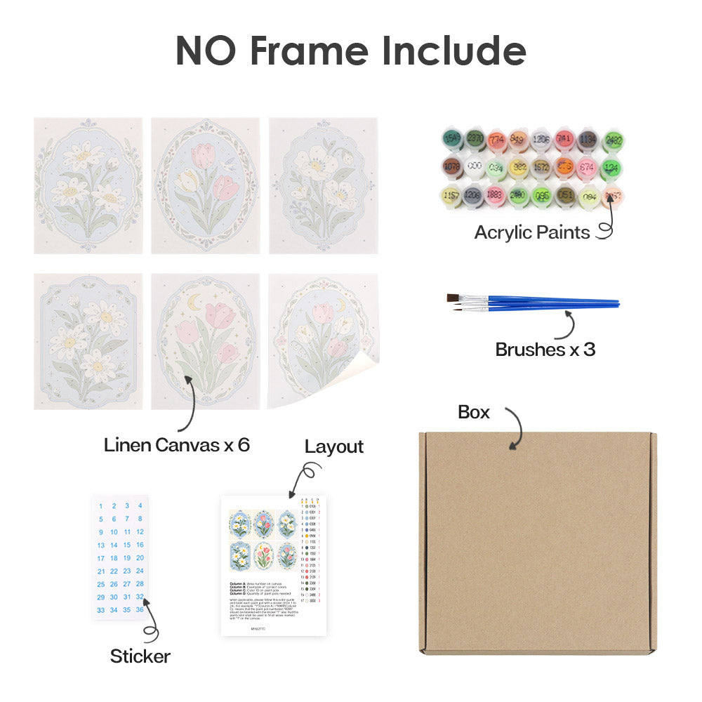 What's included without a frame: six rolled Blue Folk Florals mini canvases, acrylic paints, three brushes and layout