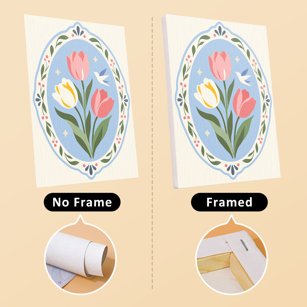 Blue Folk Florals mini canvas shown rolled without a frame and pre-stretched on a frame