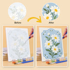 Before and after of a Blue Folk Florals mini paint by numbers canvas