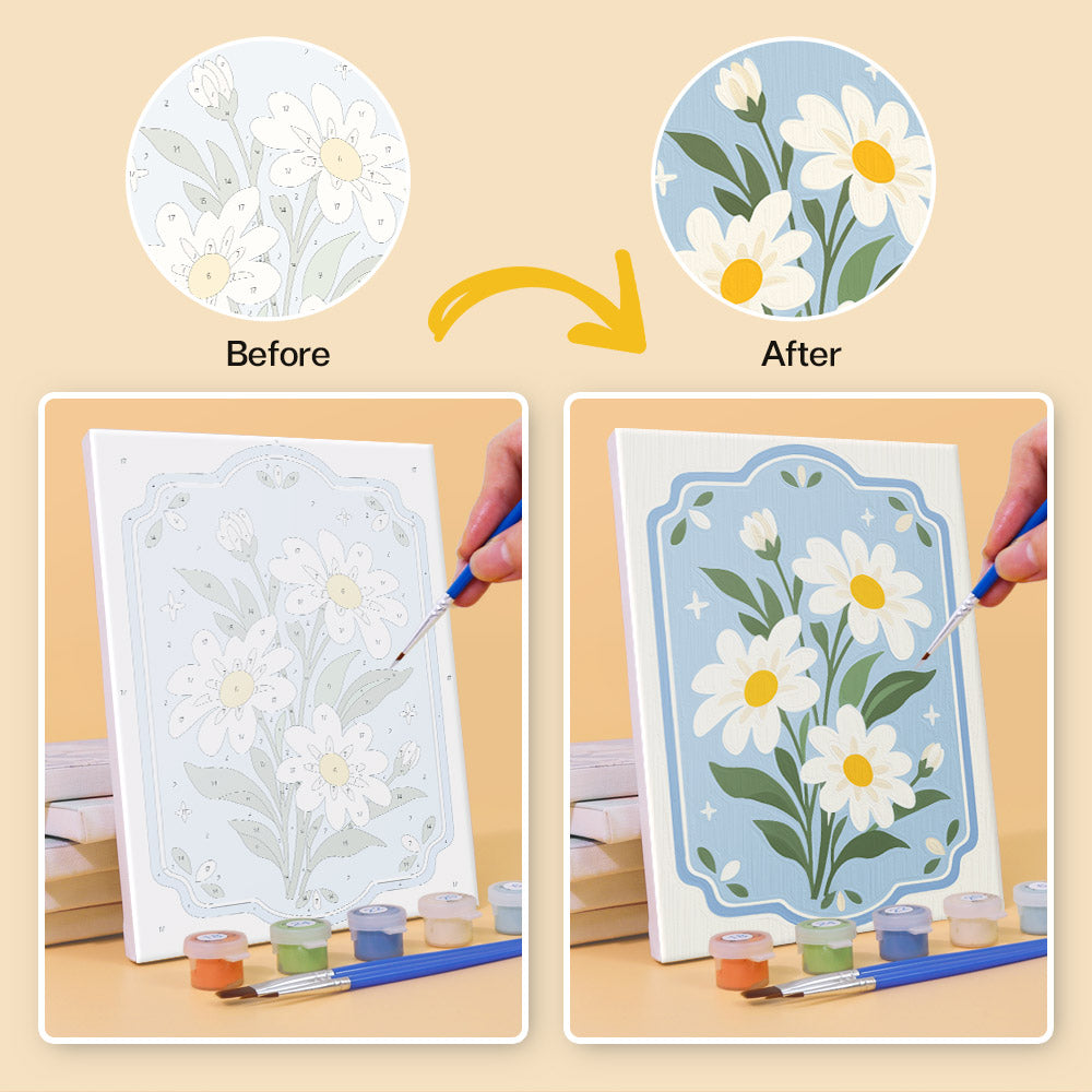 Before and after of a Blue Folk Florals mini paint by numbers canvas