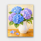Blue Hydrangea Jug paint by numbers kit of blue and lavender hydrangeas in a white ceramic pitcher on a wooden table