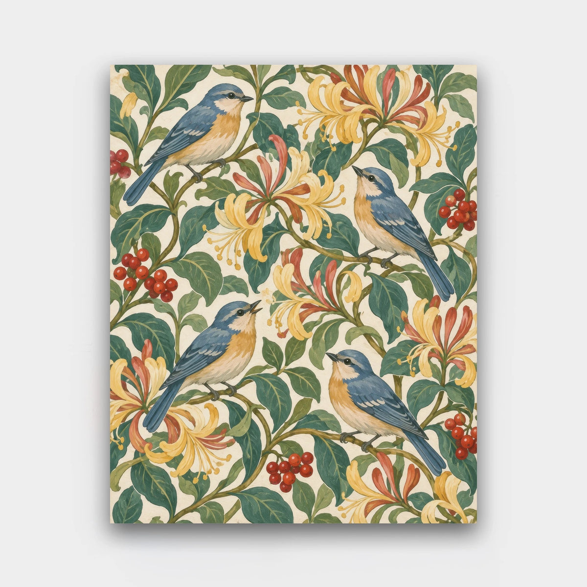 Bluebirds in the Honeysuckle paint by numbers kit of four bluebirds among honeysuckle vines and red berries on a cream background