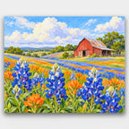 Bluebonnet Hills paint by numbers kit of a field of blue bluebonnets and orange wildflowers rolling up to a red barn