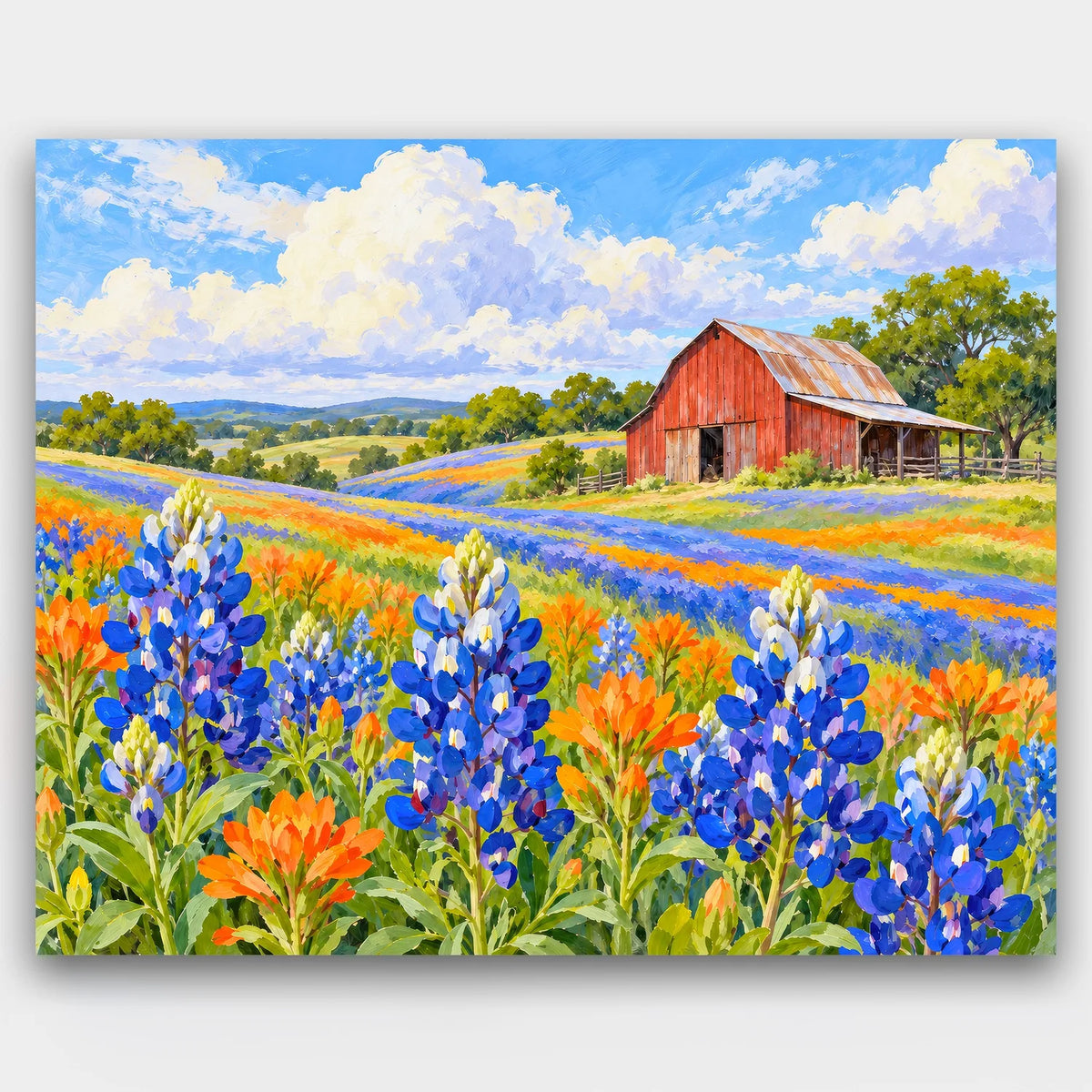 Bluebonnet Hills paint by numbers kit of a field of blue bluebonnets and orange wildflowers rolling up to a red barn
