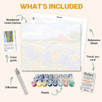 What's included in the Bluebonnet Hills paint by numbers kit: numbered linen canvas, reference sheet, color guide, 24 acrylic paints, 3 brushes and thank you card