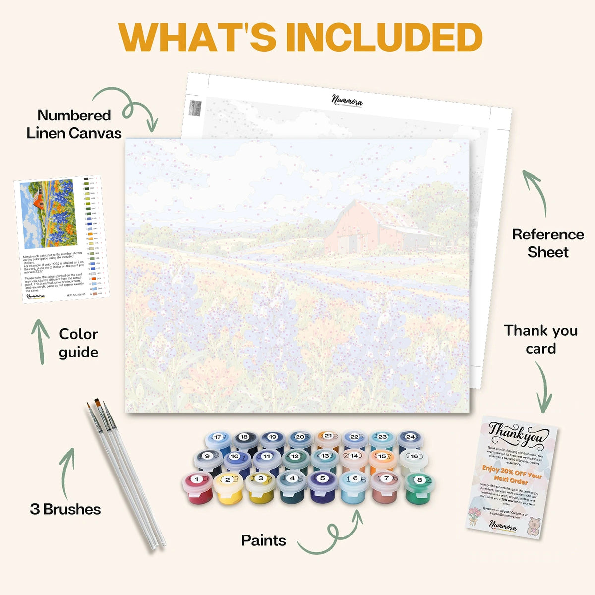 What's included in the Bluebonnet Hills paint by numbers kit: numbered linen canvas, reference sheet, color guide, 24 acrylic paints, 3 brushes and thank you card