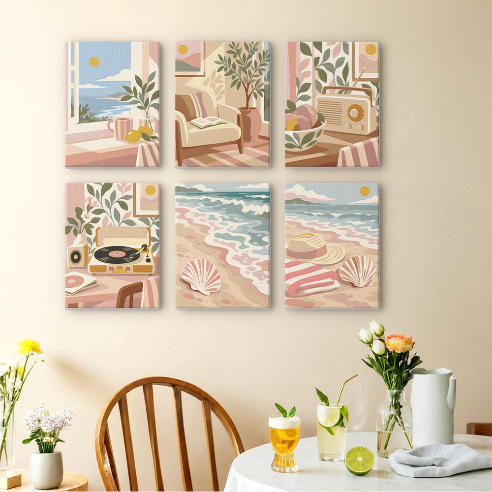 Blush Beach House mini paintings displayed as a gallery wall in a sunny kitchen