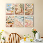 Blush Beach House mini paintings displayed as a gallery wall in a sunny kitchen