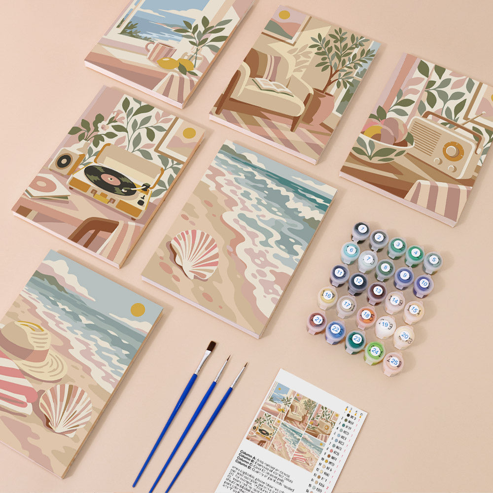 Blush Beach House mini paint by numbers kit with six numbered canvases, acrylic paints, brushes and layout