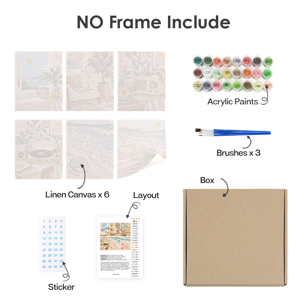 What's included without a frame: six rolled Blush Beach House mini canvases, acrylic paints, three brushes and layout