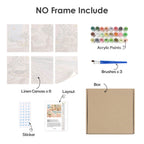 What's included without a frame: six rolled Blush Beach House mini canvases, acrylic paints, three brushes and layout