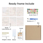 What's included pre-stretched on frame: six framed Blush Beach House mini canvases, paints, three brushes, hangers and layout