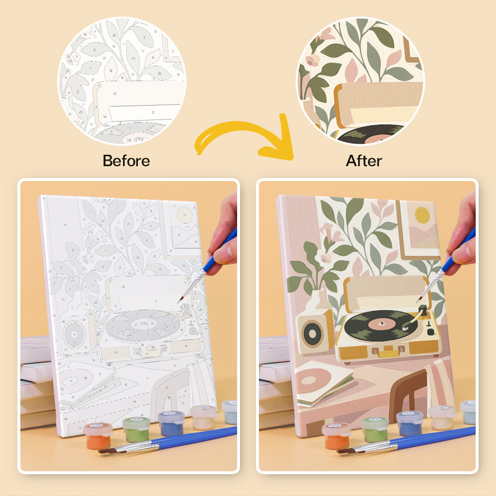 Before and after of a Blush Beach House mini paint by numbers canvas