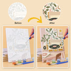 Before and after of a Blush Beach House mini paint by numbers canvas