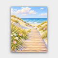 Boardwalk to the Beach paint by numbers kit of a wooden boardwalk through sand dunes with beach grass and wildflowers to the sea