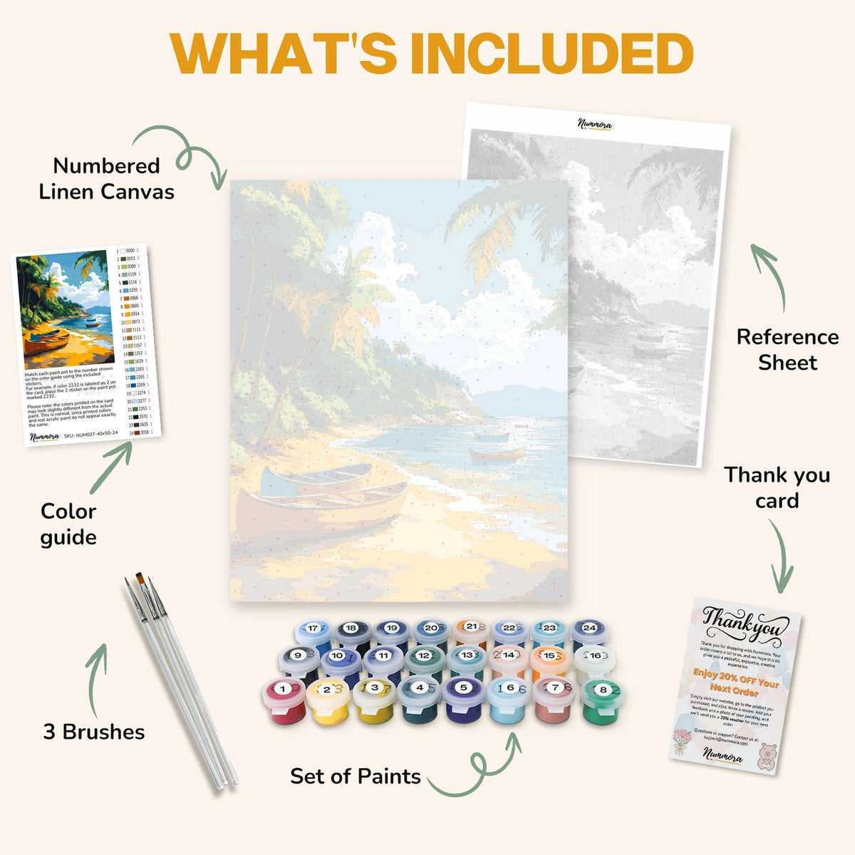 What's included in the Boats at Rest paint by numbers kit: numbered linen canvas, reference sheet, color guide, 24 acrylic paints, 3 brushes and thank you card