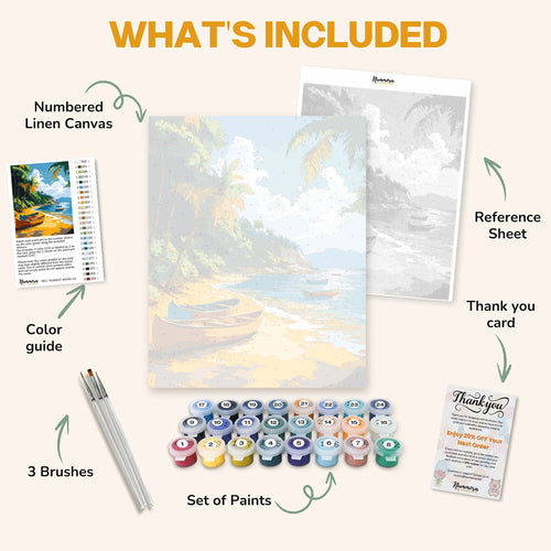 What's included in the Boats at Rest paint by numbers kit: numbered linen canvas, reference sheet, color guide, 24 acrylic paints, 3 brushes and thank you card