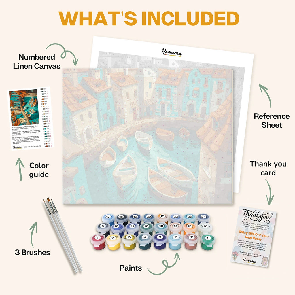 What's included in the Boats in the Bay paint by numbers kit: numbered linen canvas, reference sheet, color guide, 24 acrylic paints, 3 brushes and thank you card