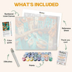 What's included in the Boats in the Bay paint by numbers kit: numbered linen canvas, reference sheet, color guide, 24 acrylic paints, 3 brushes and thank you card