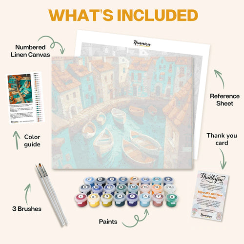 What's included in the Boats in the Bay paint by numbers kit: numbered linen canvas, reference sheet, color guide, 24 acrylic paints, 3 brushes and thank you card