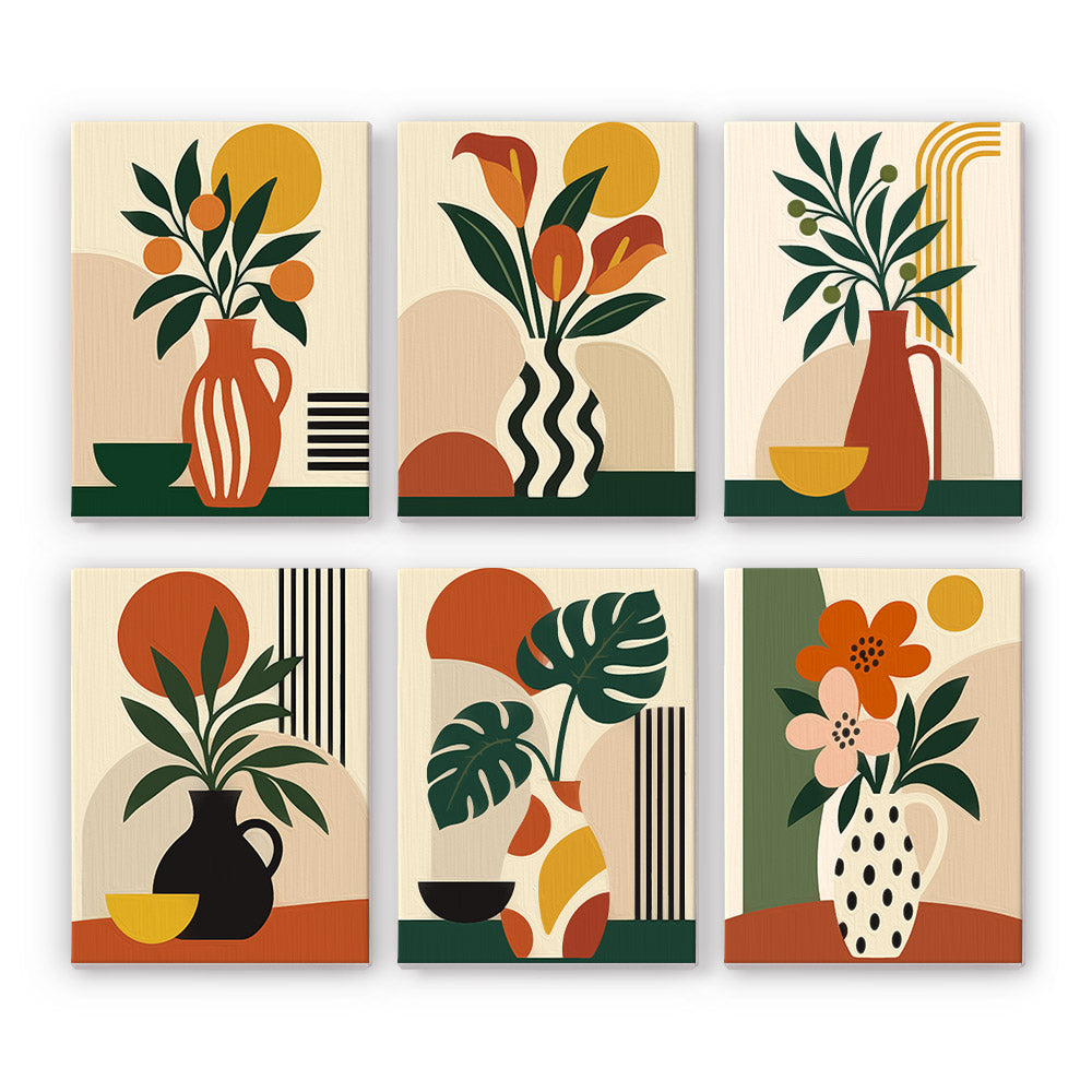 Boho Botanica mini paint by numbers set: six designs of mid-century vases, monstera leaves and warm suns