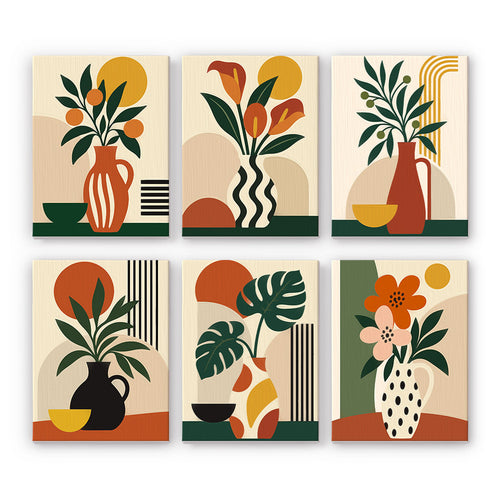Boho Botanica mini paint by numbers set: six designs of mid-century vases, monstera leaves and warm suns