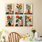 Boho Botanica mini paintings displayed as a gallery wall in a sunny kitchen