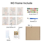 What's included without a frame: six rolled Boho Botanica mini canvases, acrylic paints, three brushes and layout