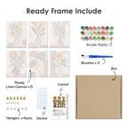 What's included pre-stretched on frame: six framed Boho Botanica mini canvases, paints, three brushes, hangers and layout