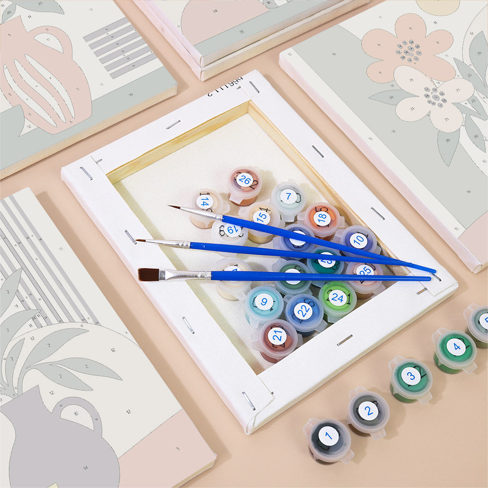 Numbered paint pots and brushes on a pre-stretched Boho Botanica mini canvas