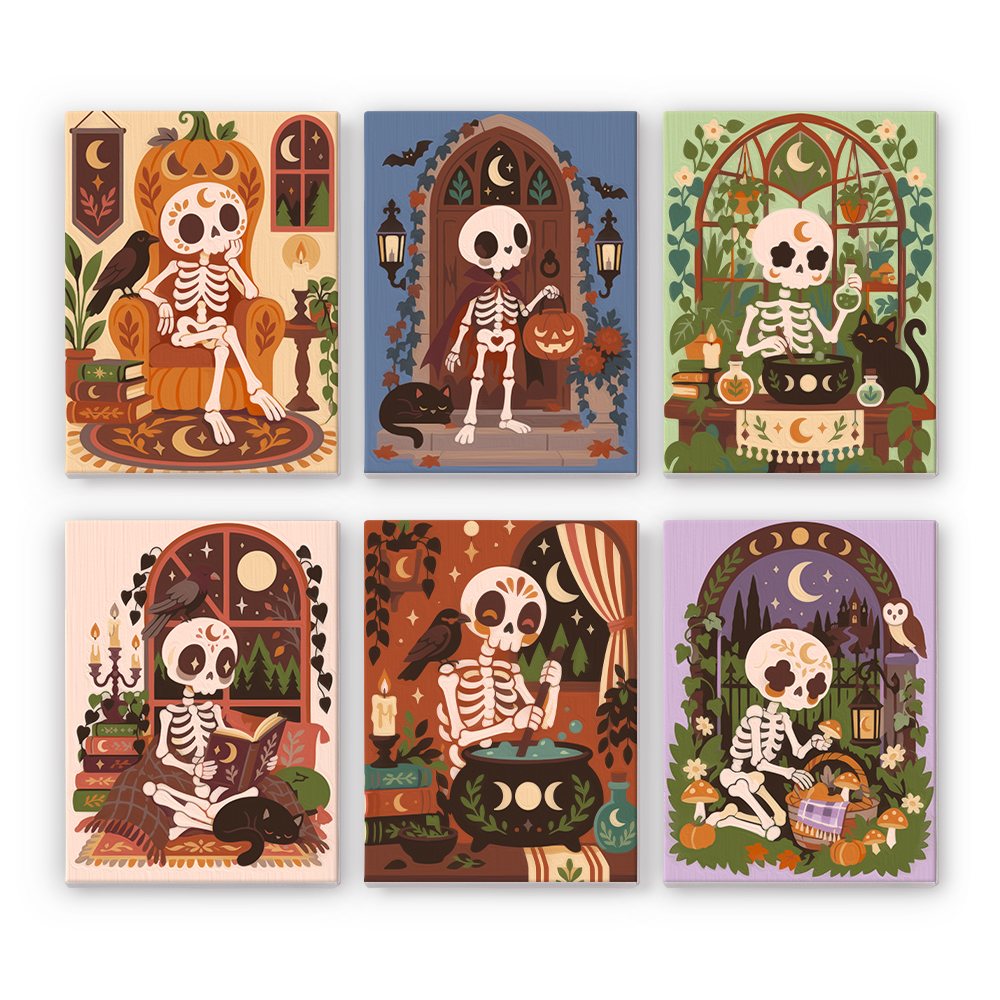 Boho Skeleton Hideaways mini paint by numbers set: six boho Halloween scenes of skeletons relaxing at home among plants, candles, pumpkins and cats